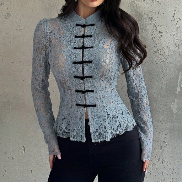 Dusty Blue Casual Women's Button Waist Lace Blouse - Picture 4 of 8